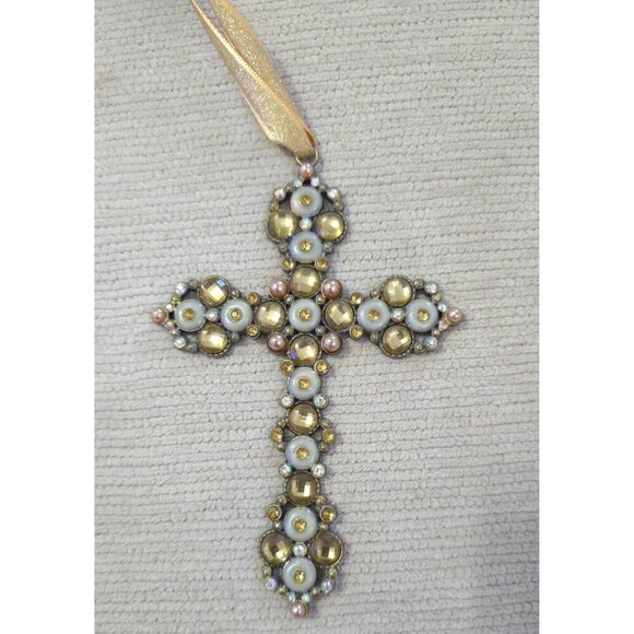 Beaded Cross Ornament With Gold & Pearl Accents On Ribbon Hanger For Wall 5"H - Picture 2 of 5